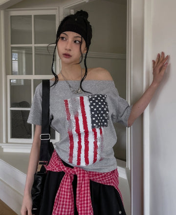 American Vintage Print Off Shoulder Short Sleeve